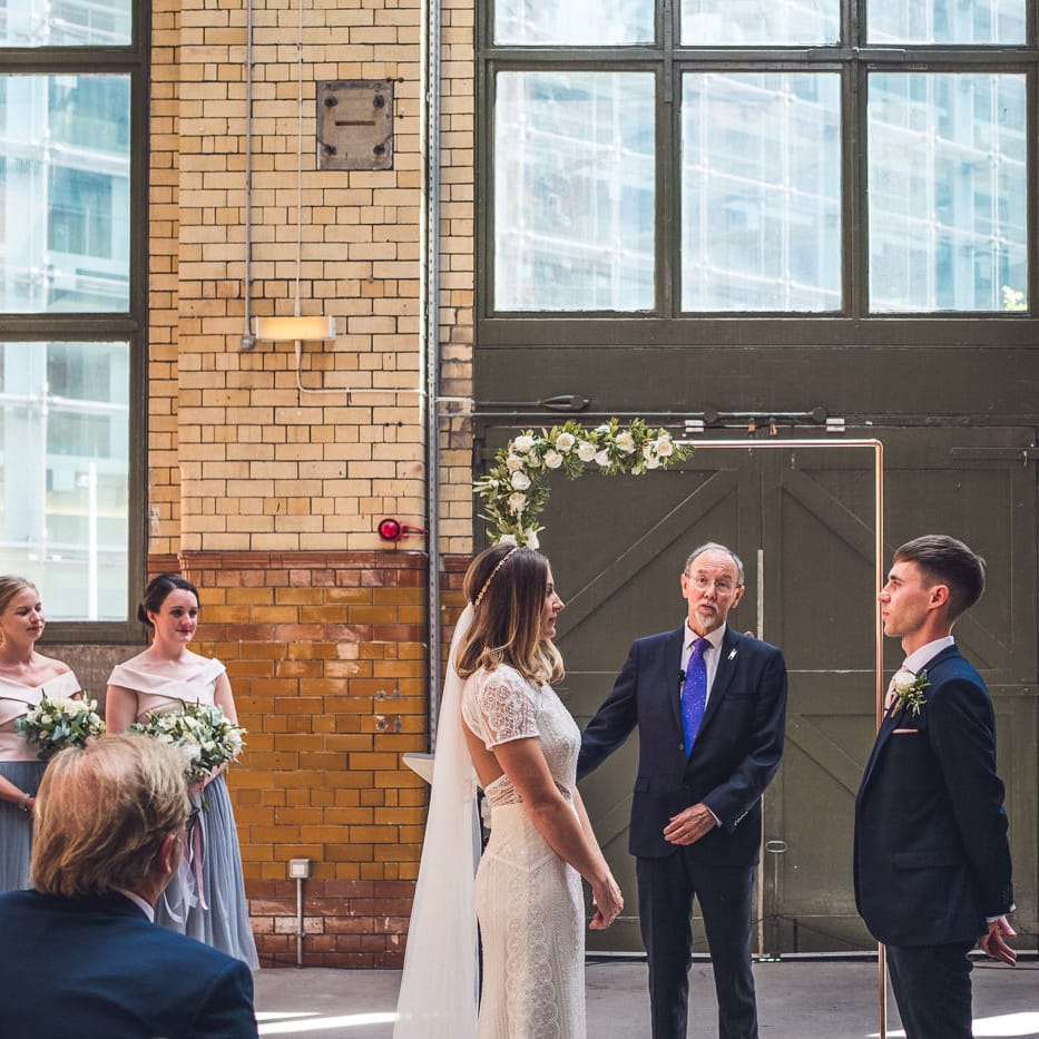 Wedding Ceremony | Bride in Lenora Watters Gown | Groom in Navy Suit | Contemporary City Wedding at People's History Museum & Hope Mill Theatre, Manchester Planned by Alternative Weddings MCR | Babb Photography