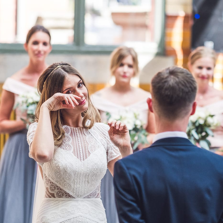 Wedding Ceremony | Bride in Lenora Watters Gown | Groom in Navy Suit | Contemporary City Wedding at People's History Museum & Hope Mill Theatre, Manchester Planned by Alternative Weddings MCR | Babb Photography