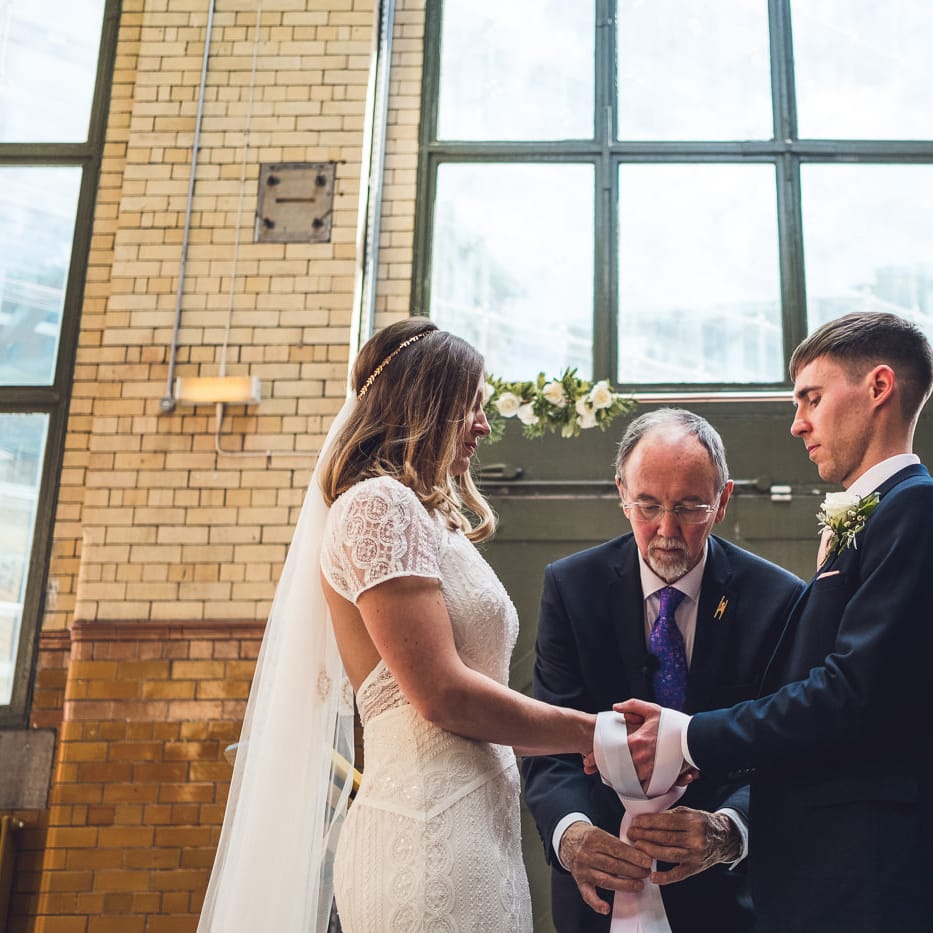 Wedding Ceremony | Bride in Lenora Watters Gown | Groom in Navy Suit | Contemporary City Wedding at People's History Museum & Hope Mill Theatre, Manchester Planned by Alternative Weddings MCR | Babb Photography