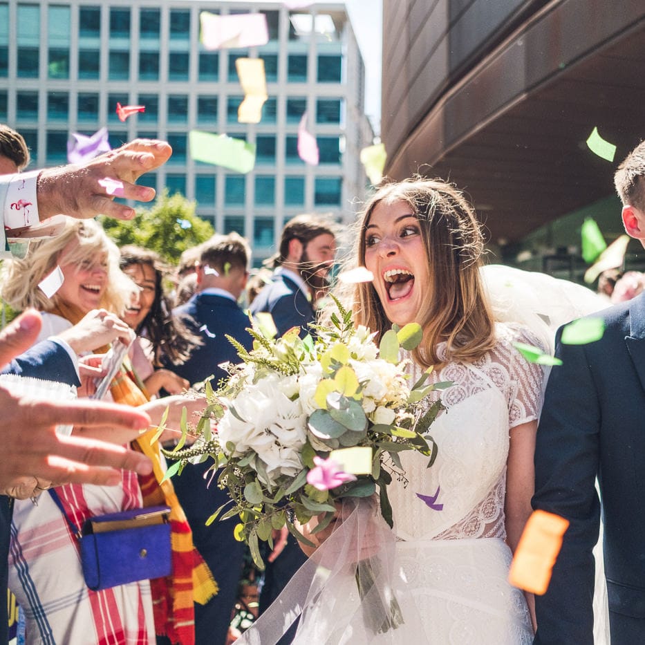 Confetti Moment | Bride in Lenora Watters Gown | Groom in Navy Suit | Contemporary City Wedding at People's History Museum & Hope Mill Theatre, Manchester Planned by Alternative Weddings MCR | Babb Photography
