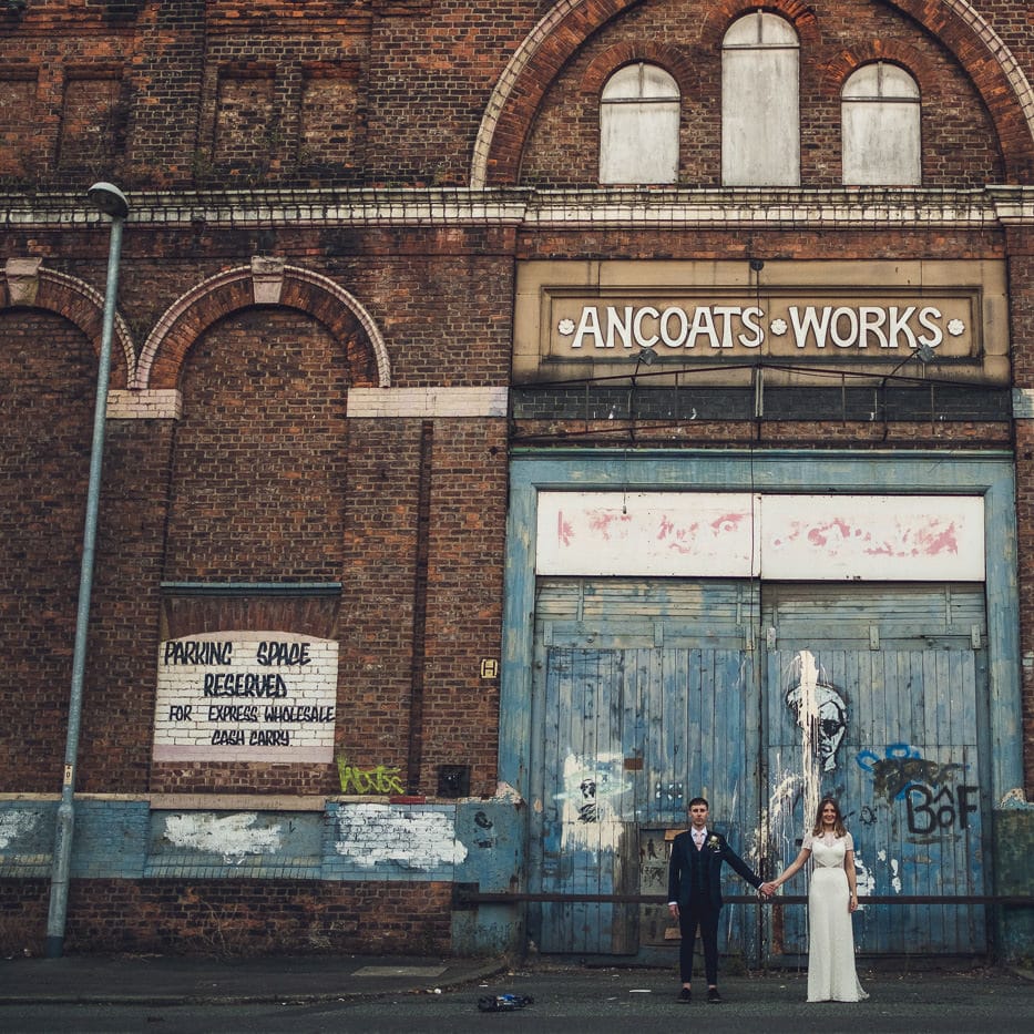 Bride in Lenora Watters Gown | Groom in Navy Suit | Contemporary City Wedding at People's History Museum & Hope Mill Theatre, Manchester Planned by Alternative Weddings MCR | Babb Photography