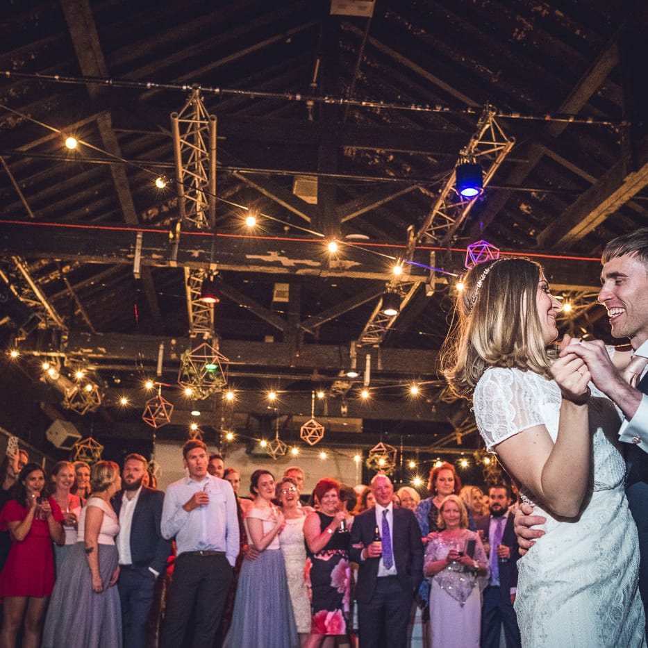 First Dance | Bride in Lenora Watters Gown | Groom in Navy Suit | Contemporary City Wedding at People's History Museum & Hope Mill Theatre, Manchester Planned by Alternative Weddings MCR | Babb Photography