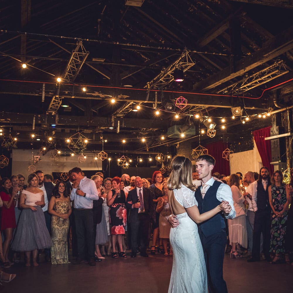 First Dance | Bride in Lenora Watters Gown | Groom in Navy Suit | Contemporary City Wedding at People's History Museum & Hope Mill Theatre, Manchester Planned by Alternative Weddings MCR | Babb Photography