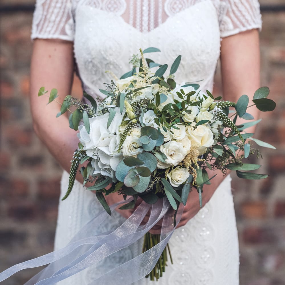 White & Green Bouquet | Bride in Watters Lenora Bridal Gown from Agape Bridal | Contemporary City Wedding at People's History Museum & Hope Mill Theatre, Manchester Planned by Alternative Weddings MCR | Babb Photography