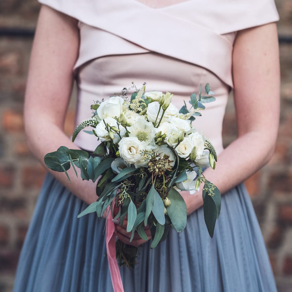White & Green Bouquet | Bridesmaid in Grey Tulle Skirt & White Coast Top | Contemporary City Wedding at People's History Museum & Hope Mill Theatre, Manchester Planned by Alternative Weddings MCR | Babb Photography
