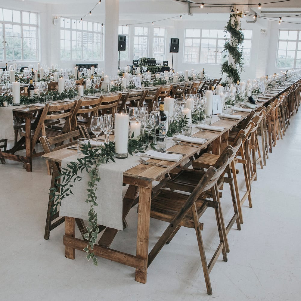 Wooden Trestle Tables For An Industrial Wedding In London