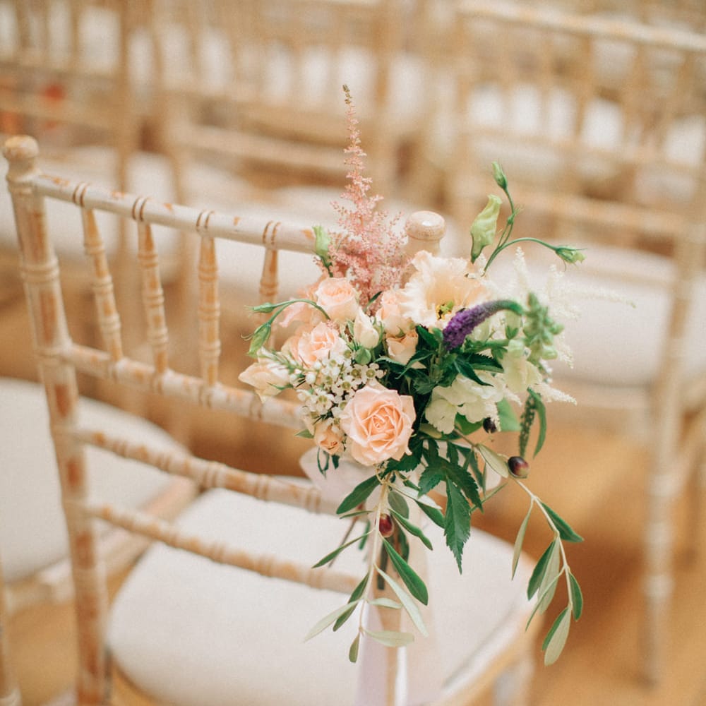 Blush, Aisle, Chair Back Flowers | Elegant, Pastel Wedding at Hedsor House, Buckinghamshire | M & J Photography | Shoot It Yourself Films