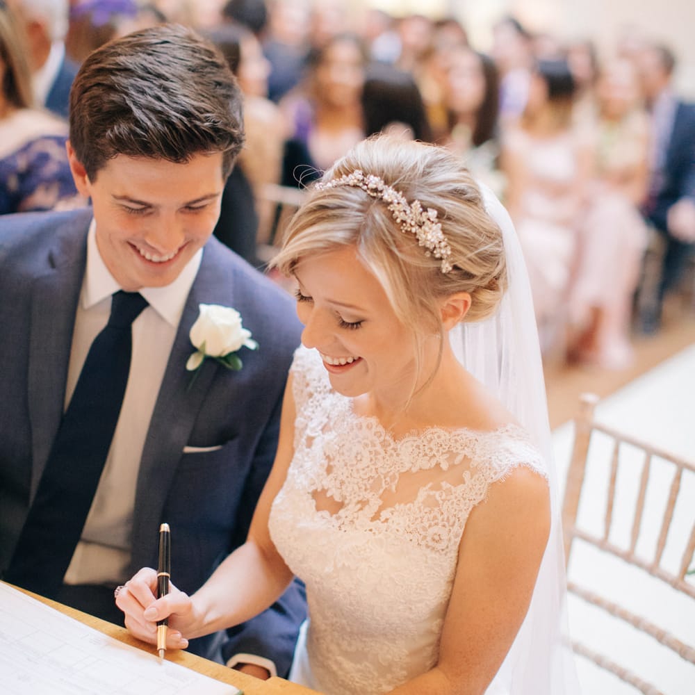 Wedding Ceremony | Bride in Pronovias Gown | Groom in Navy J.Crew Suit | Elegant, Pastel Wedding at Hedsor House, Buckinghamshire | M & J Photography | Shoot It Yourself Films