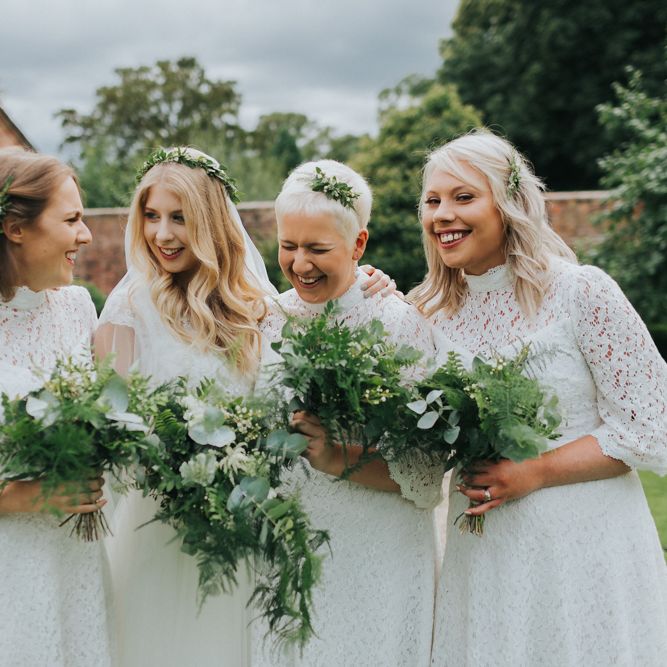 Bridesmaids in White Joy Dresses | Bride in Watters by Wtoo Gown | Classic Wedding at Yeldersley Hall in Derbyshire | Luis Calow Photography