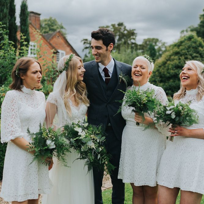Bridesmaids in White Joy Dresses | Bride in Watters by Wtoo Gown | Groom in Navy Reiss Suit | Classic Wedding at Yeldersley Hall in Derbyshire | Luis Calow Photography