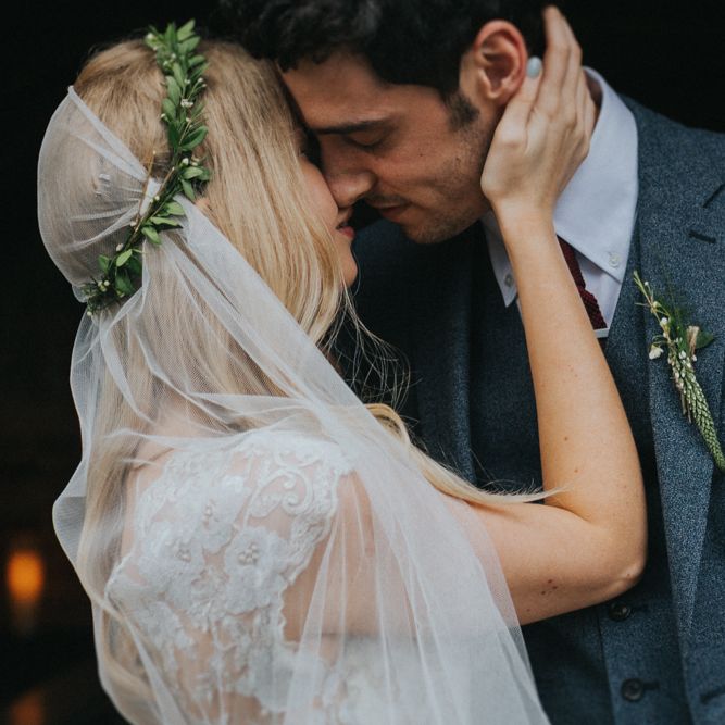 Bride in Watters by Wtoo Gown, Juliet Cap Veil & Flower Crown | Groom in Navy Reiss Suit | Classic Wedding at Yeldersley Hall in Derbyshire | Luis Calow Photography