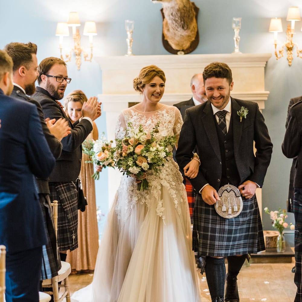 Wedding Ceremony At Kinross House // Rainy Tipi Wedding At The Coach House at Kinross House Scotland With Bride In Embellished Bespoke Dress And Images From Photos By Zoe