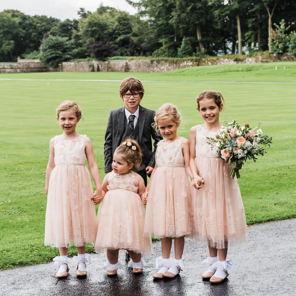 Flower Girls & Page Boy In Peach And Navy // Rainy Tipi Wedding At The Coach House at Kinross House Scotland With Bride In Embellished Bespoke Dress And Images From Photos By Zoe