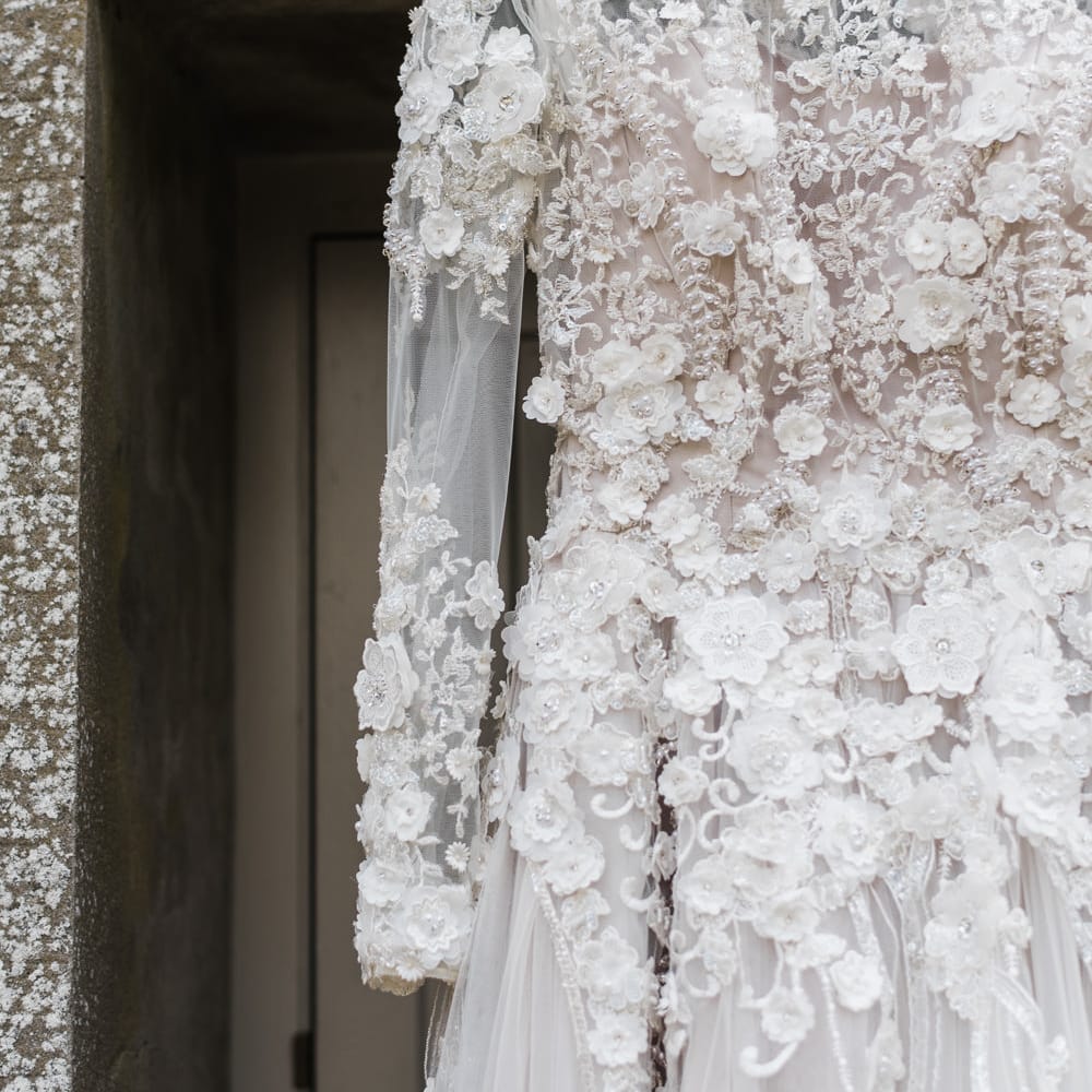 Floral Applique Wedding Dress // Rainy Tipi Wedding At The Coach House at Kinross House Scotland With Bride In Embellished Bespoke Dress And Images From Photos By Zoe