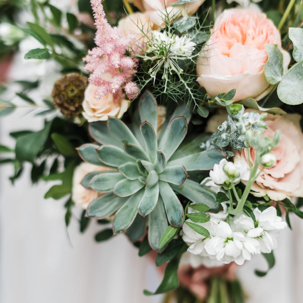 Pink & White Wedding Bouquet With Succulents // Rainy Tipi Wedding At The Coach House at Kinross House Scotland With Bride In Embellished Bespoke Dress And Images From Photos By Zoe