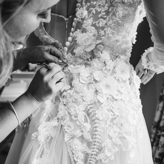 Floral Applique Wedding Dress // Rainy Tipi Wedding At The Coach House at Kinross House Scotland With Bride In Embellished Bespoke Dress And Images From Photos By Zoe