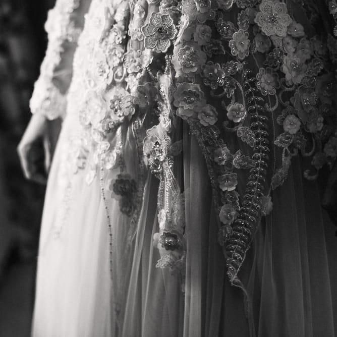 Floral Applique Wedding Dress // Rainy Tipi Wedding At The Coach House at Kinross House Scotland With Bride In Embellished Bespoke Dress And Images From Photos By Zoe