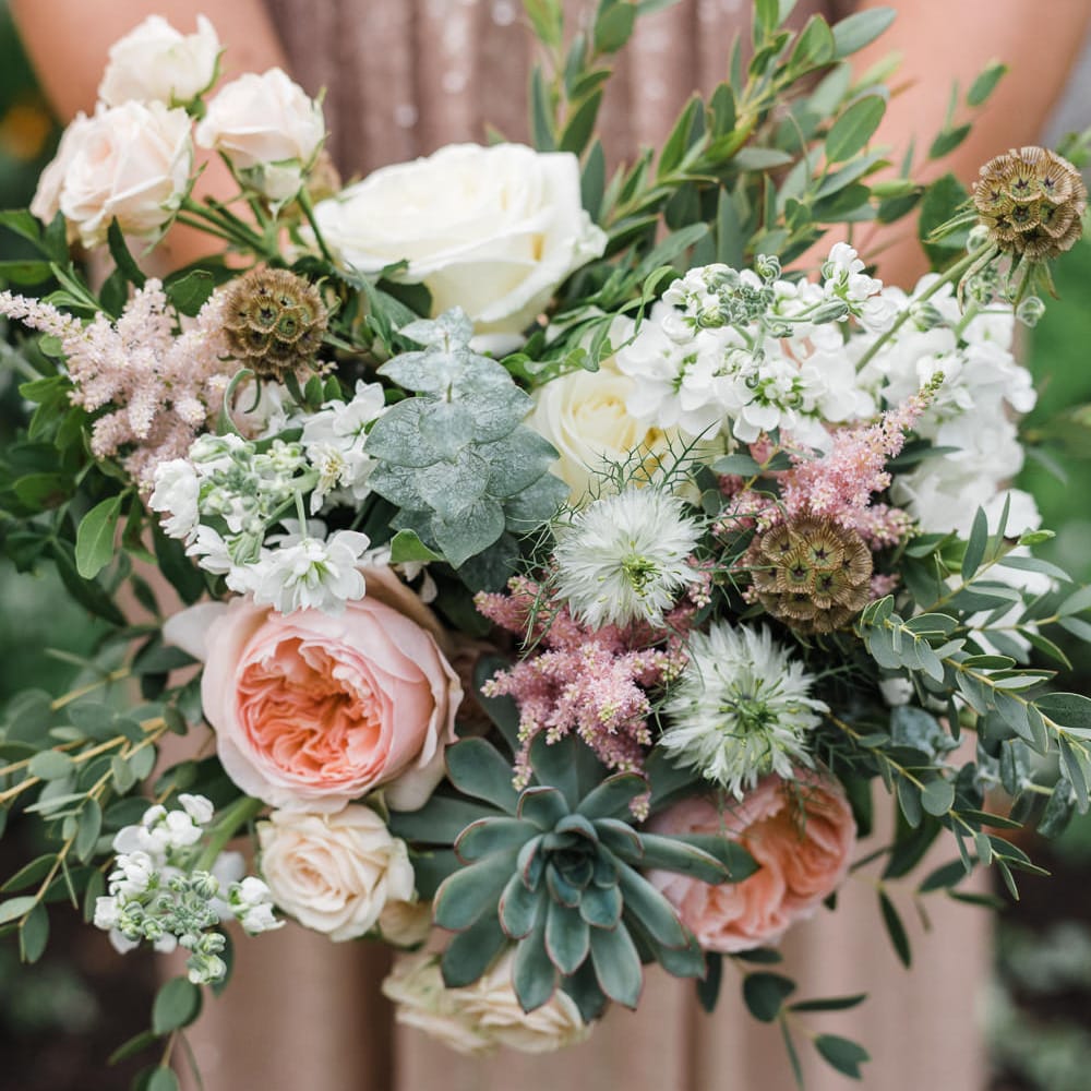 Pink & Green Wedding Bouquet // Rainy Tipi Wedding At The Coach House at Kinross House Scotland With Bride In Embellished Bespoke Dress And Images From Photos By Zoe