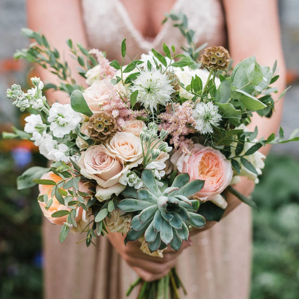 Pink & Green Wedding Bouquet // Rainy Tipi Wedding At The Coach House at Kinross House Scotland With Bride In Embellished Bespoke Dress And Images From Photos By Zoe