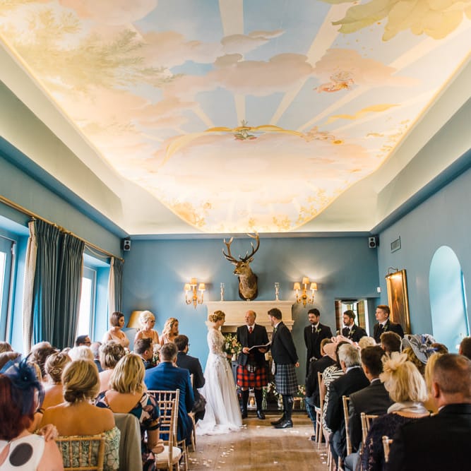 Wedding Ceremony At Kinross House // Rainy Tipi Wedding At The Coach House at Kinross House Scotland With Bride In Embellished Bespoke Dress And Images From Photos By Zoe