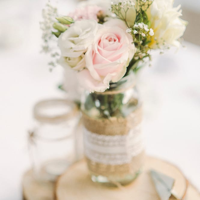 Jam Jar Flowers For Wedding With Hessian And Lace