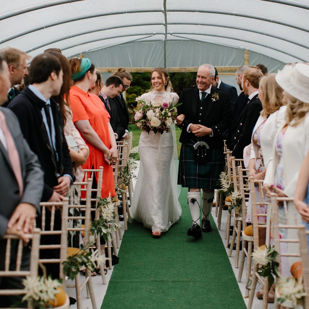 Foliage Filled Wedding At Colstoun East Lothian With Polytunnel Ceremony And Bridesmaids In Dusky Pink & Images From Caro Weiss Photography