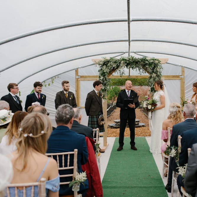 Foliage Filled Wedding At Colstoun East Lothian With Polytunnel Ceremony And Bridesmaids In Dusky Pink & Images From Caro Weiss Photography