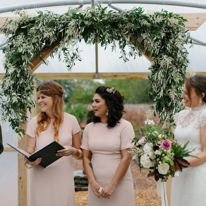 Foliage Filled Wedding At Colstoun East Lothian With Polytunnel Ceremony And Bridesmaids In Dusky Pink & Images From Caro Weiss Photography