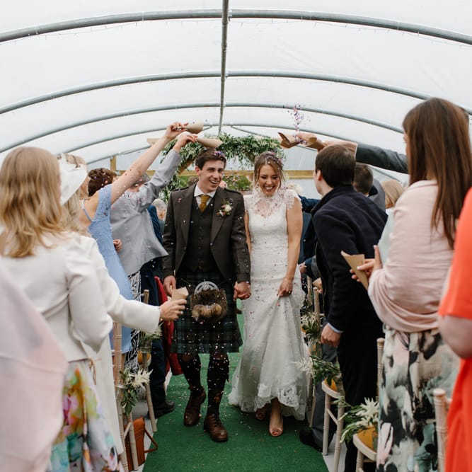 Foliage Filled Wedding At Colstoun East Lothian With Polytunnel Ceremony And Bridesmaids In Dusky Pink & Images From Caro Weiss Photography
