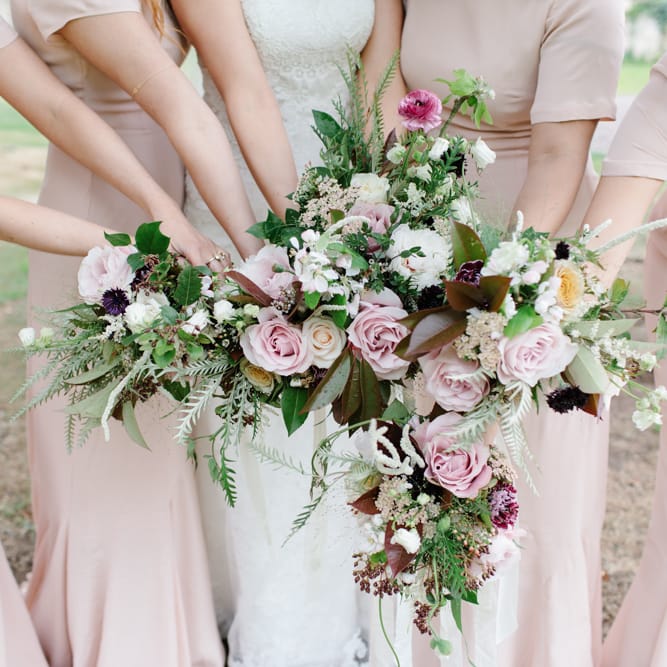 Foliage Filled Wedding At Colstoun East Lothian With Polytunnel Ceremony And Bridesmaids In Dusky Pink & Images From Caro Weiss Photography