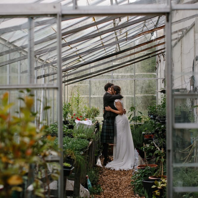 Foliage Filled Wedding At Colstoun East Lothian With Polytunnel Ceremony And Bridesmaids In Dusky Pink & Images From Caro Weiss Photography