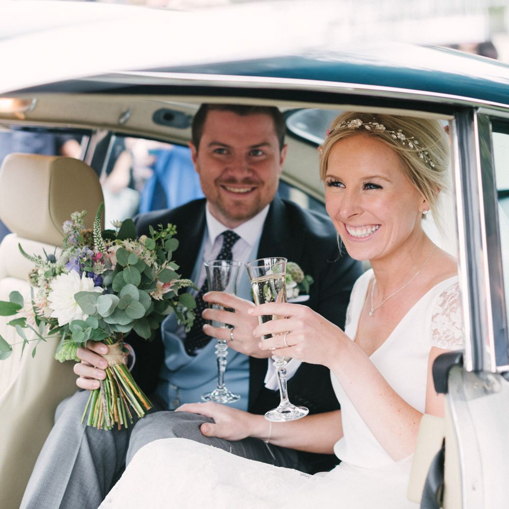 Traditional Wedding Car with Bride in Charlie Brear Peyton Dress & Augustine Skirt