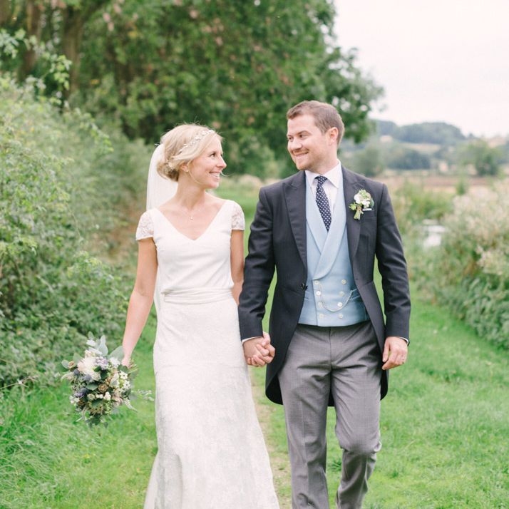 Bride in Charlie Brear Peyton Dress & Augustine Skirt & Groom in Traditional Morning Suit