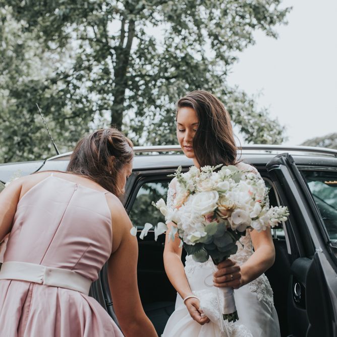 Bride Arrival in White Leaf Bridal Wedding Dress