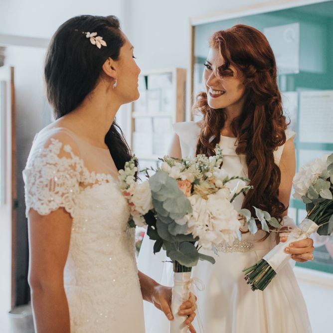 Two Brides in Lou Lou Bridal Wedding Dress & White Leaf Bridal Wedding Dress