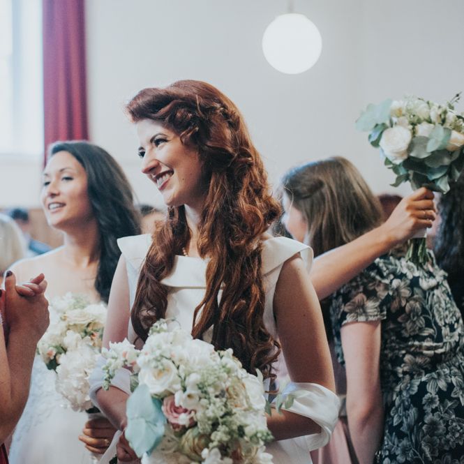 Two Brides in Lou Lou Bridal Wedding Dress & White Leaf Bridal Wedding Dress