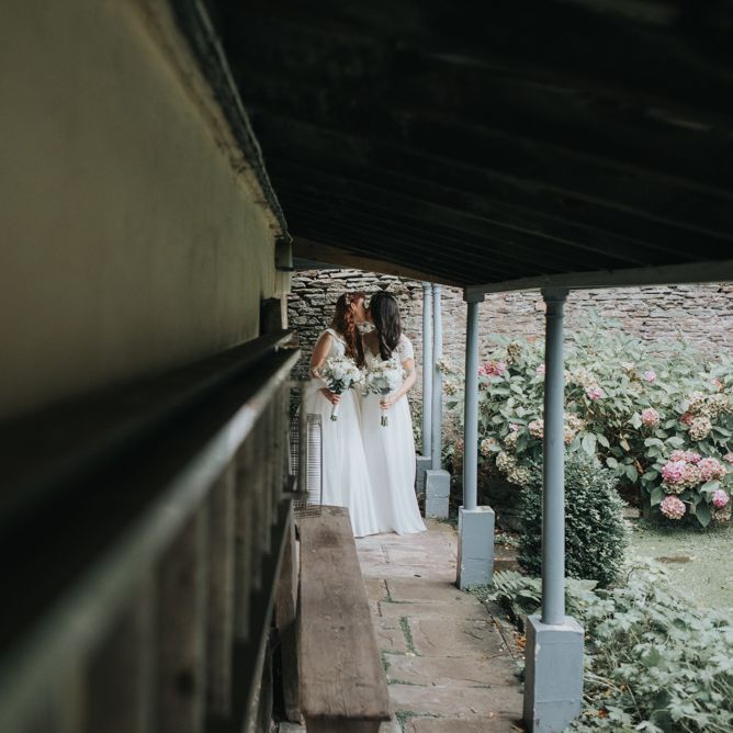 Two Brides in Lou Lou Bridal Wedding Dress & White Leaf Bridal Wedding Dress