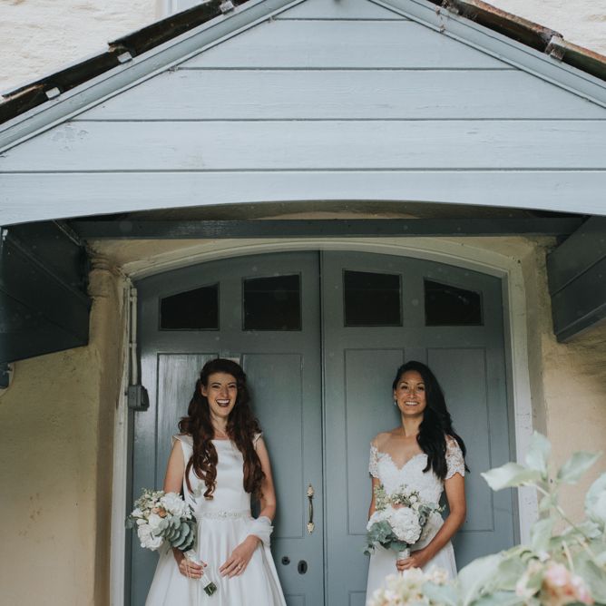 Two Brides in Lou Lou Bridal Wedding Dress & White Leaf Bridal Wedding Dress