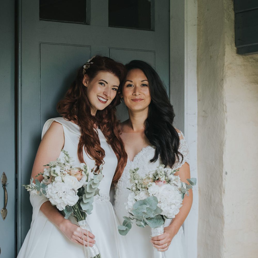 Two Brides in Lou Lou Bridal Wedding Dress & White Leaf Bridal Wedding Dress