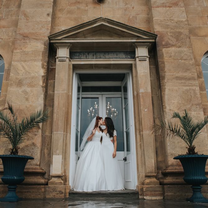 Two Brides in Ocean Bridal Studio Wedding Dress & White Leaf Bridal Wedding Dress