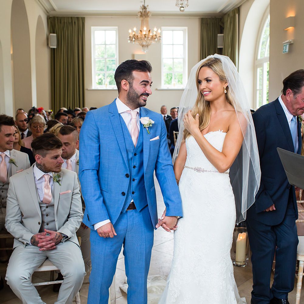 Iscoyd Park Wedding Ceremony with Bride in Pronovias Wedding Dress & Groom in Blue Hugo Boss Suit