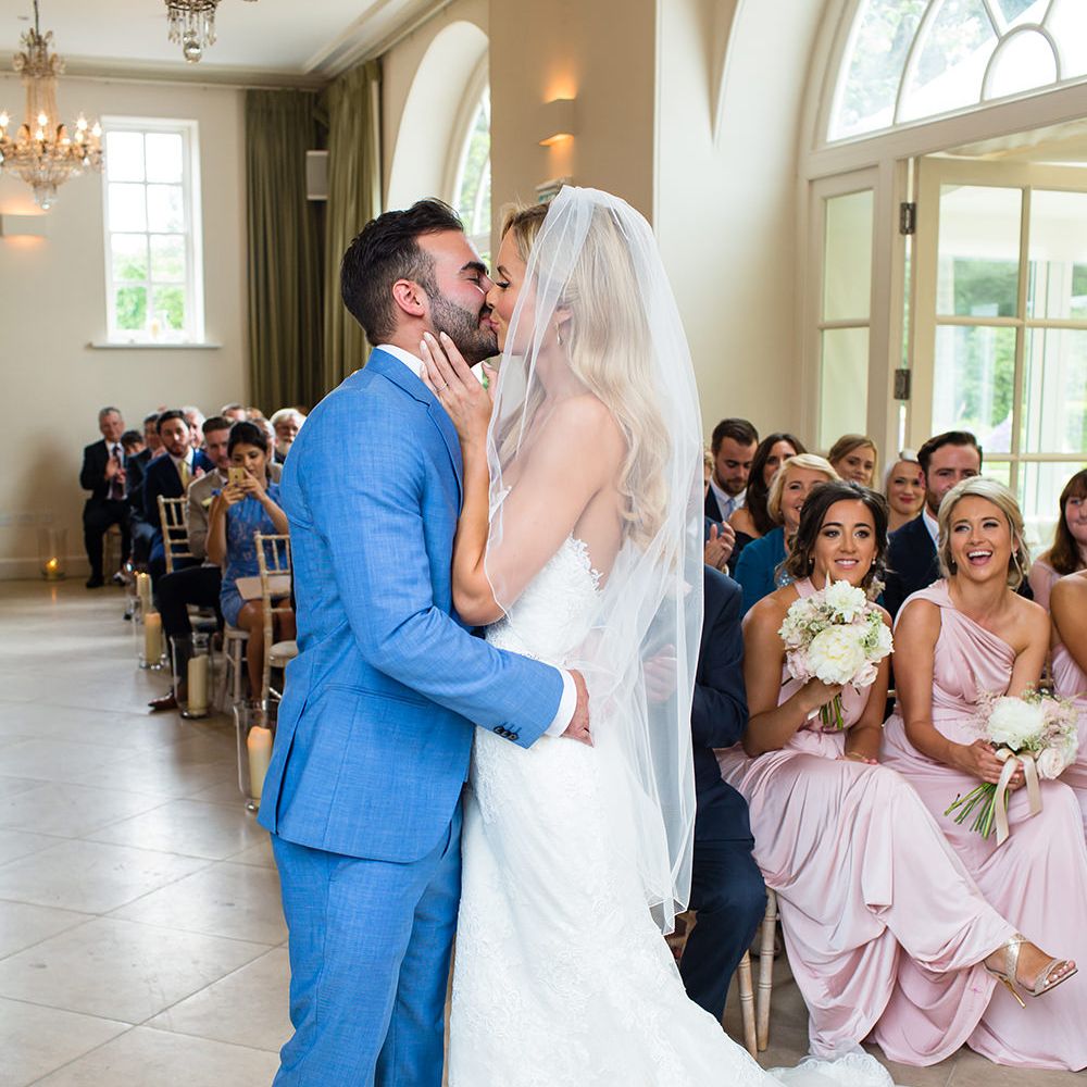 Iscoyd Park Wedding Ceremony with Bride in Pronovias Wedding Dress & Groom in Blue Hugo Boss Suit