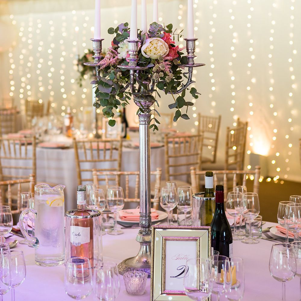 Blush Marquee Reception with Fairy Lights & Candelabra Centrepiece