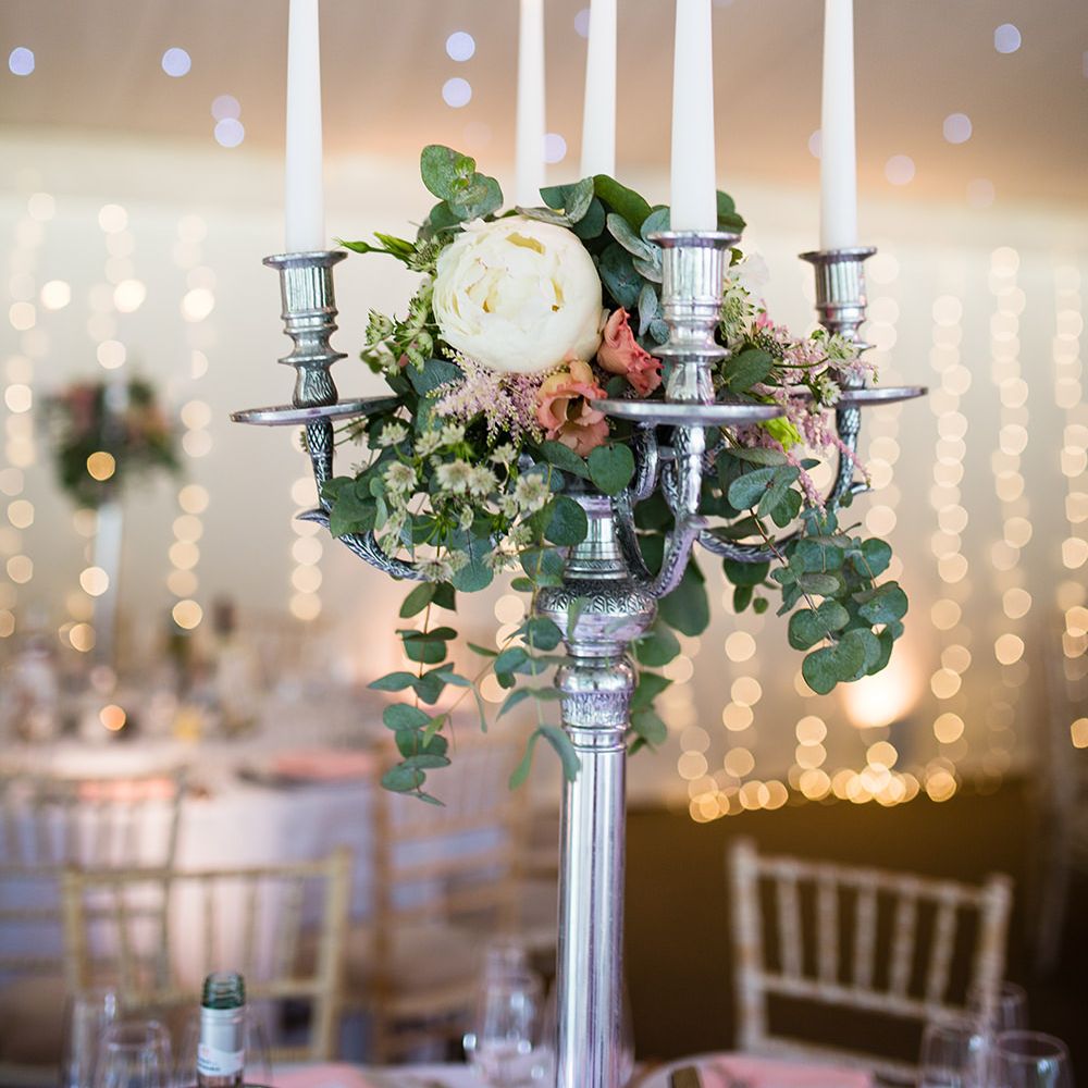 Marquee with Fairy Lights & Candelabra & Floral Centrepieces