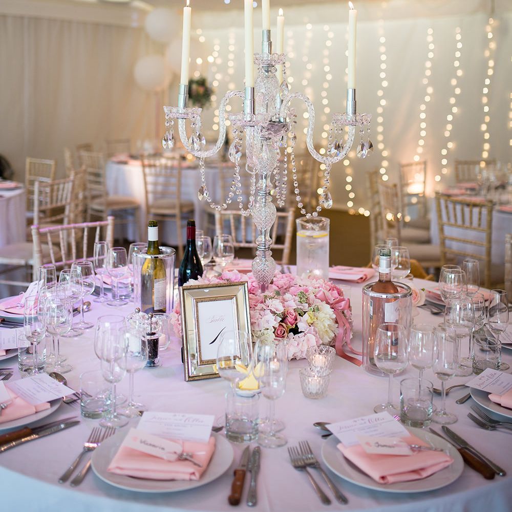 Marquee with Fairy Lights & Candelabra & Floral Centrepieces