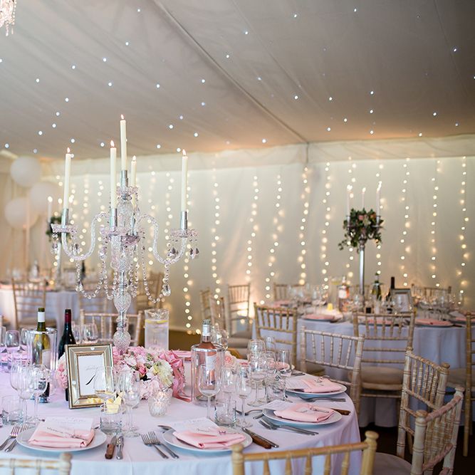 Marquee with Fairy Lights & Candelabra & Floral Centrepieces