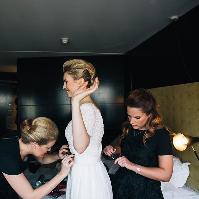 Bride In Bespoke Wedding Dress & Bridesmaids In Black For A Stylish East London Wedding