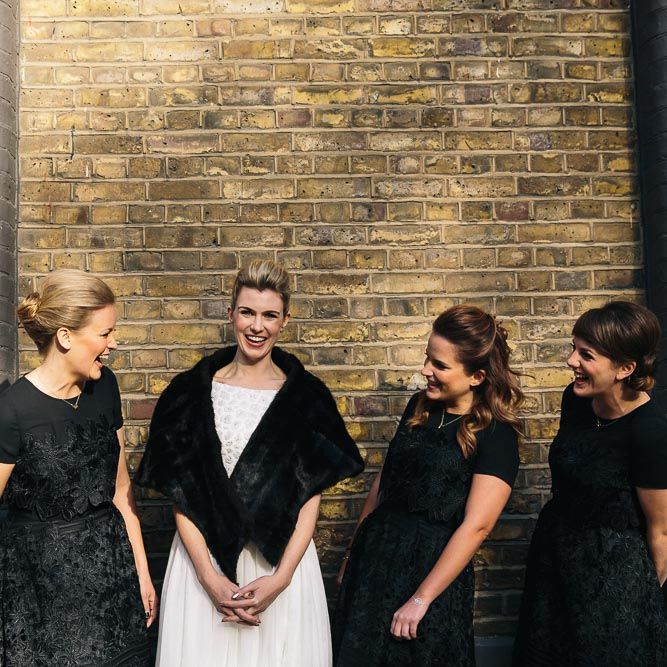 Bride In Bespoke Wedding Dress & Bridesmaids In Black For A Stylish East London Wedding