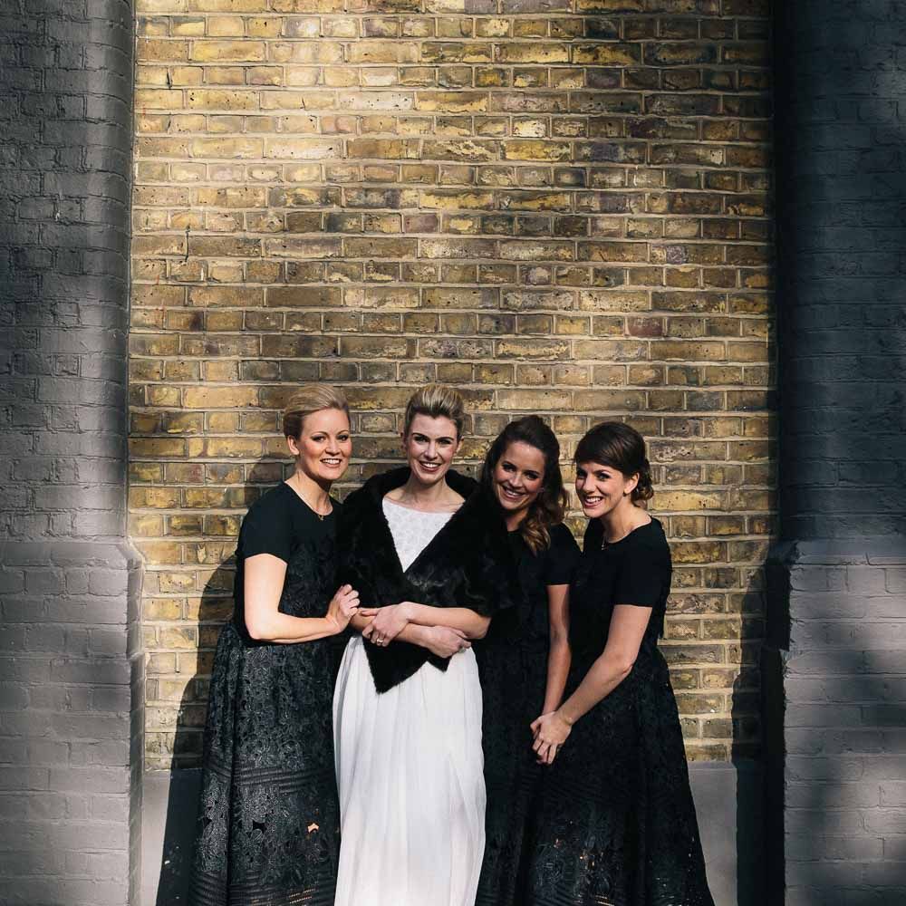 Bride In Bespoke Wedding Dress & Bridesmaids In Black For A Stylish East London Wedding