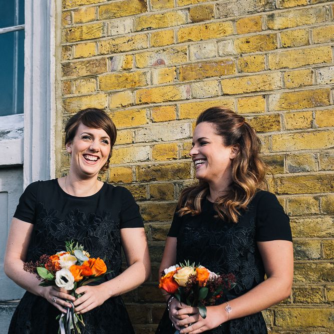 Bride In Bespoke Wedding Dress & Bridesmaids In Black For A Stylish East London Wedding